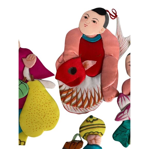 Set Of 6 Vintage Chinese Silk & Cardboard Ornaments Folk Figures 6" No Box - Picture 3 of 9